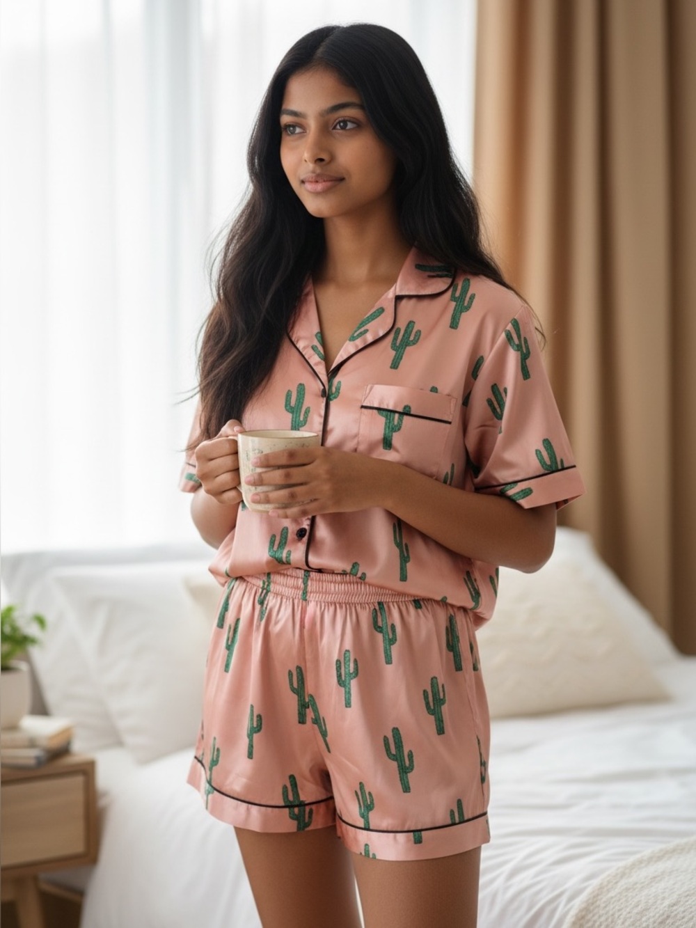 Bellanblue Satin Cactus Print Pajama Set - Peach & Green